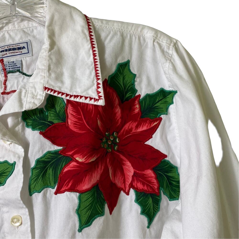 Arizona White Long Sleeve Button Front Top Poinsettias Sz L (2536) - Picture 4 of 6